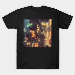 Urban Atmosphere Artistry - Moody Anime Noir Cinematic Japanese Cityscape T-Shirt